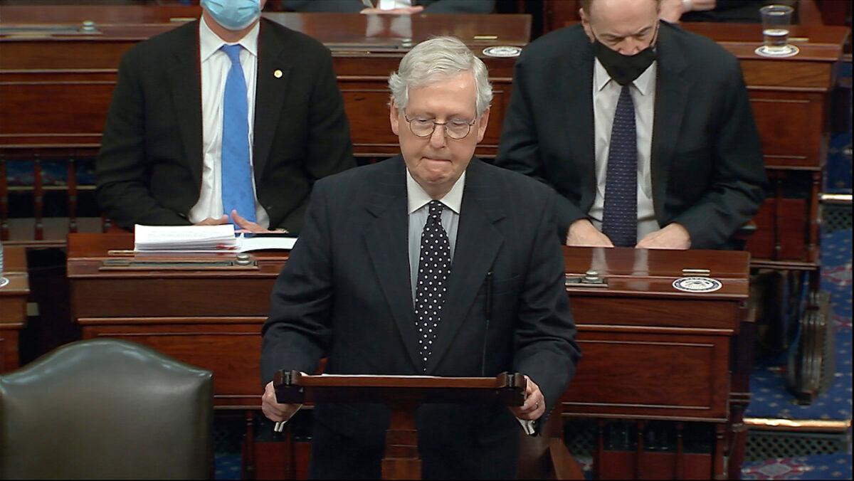 In this image from video, Senate Majority Leader Mitch McConnell (R-Ky.) speaks as the Senate reconvenes on Jan. 6, 2021. (Senate Television via AP)