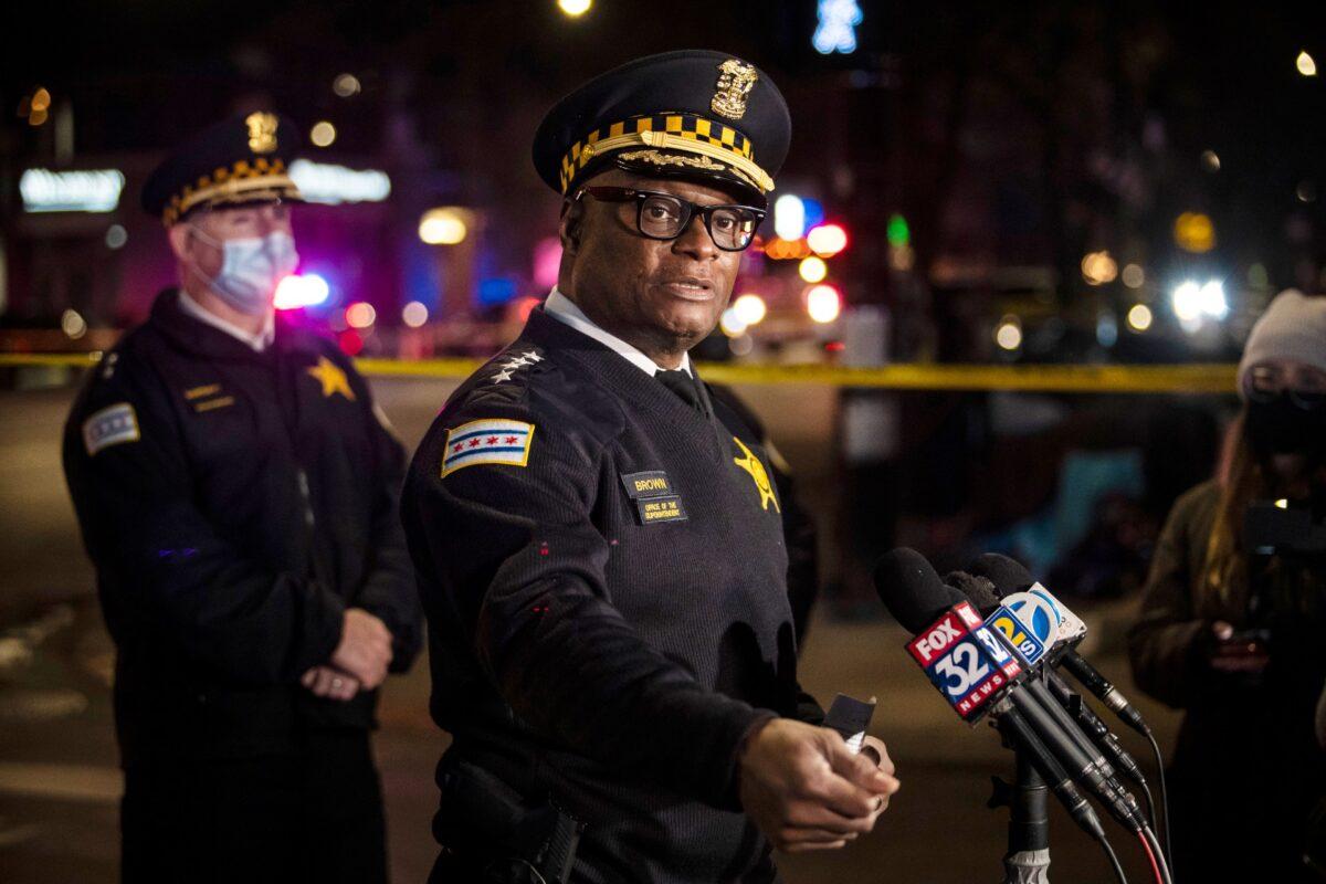 Chicago Police Superintendent David Brown speaks to reporters near the scene of a shooting after a gunman went on a shooting spree before being killed by police during a shootout in Evanston, Ill., on Jan. 9, 2021. (Ashlee Rezin Garcia/Chicago Sun-Times via AP)