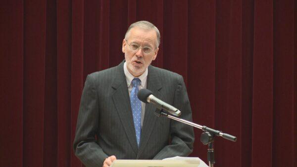 William Brent Christensen, the Taipei Office’s director of the American Institute in Taiwan, speaks at a symposium in Taiwan on Jan. 16, 2021. (NTD Television)