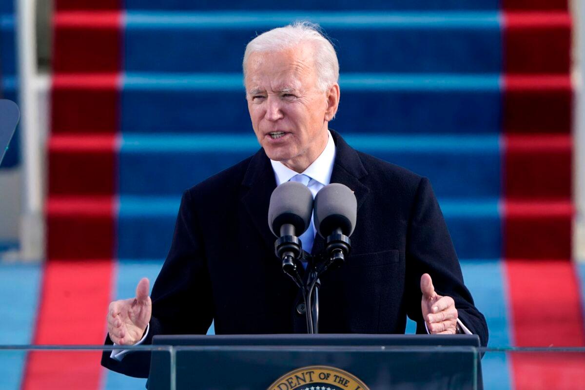 President Joe Biden delivers his inauguration speech after being sworn in as the 46th president at the U.S. Capitol in Washington on Jan. 20, 2021. (Patrick Semansky/AFP via Getty Images)