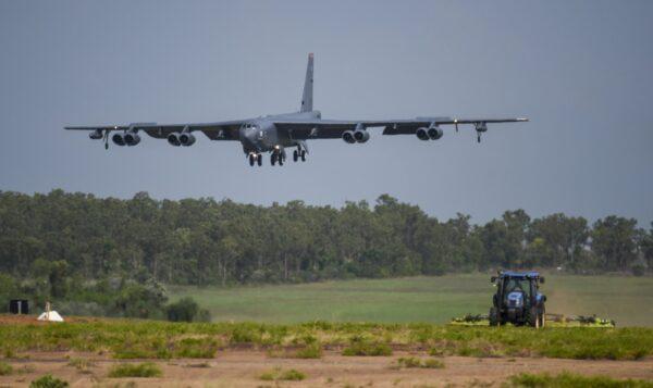 A U.S. Air Force B-52 "Stratofortress" bomber, assigned to the 96th Expeditionary Bomb Squadron, deployed from Barksdale Air Force Base, La., lands during exercise Lightning Focus on Dec. 6, 2018. (U.S. Air Force photo by Senior Airman Christopher Quail via AP)