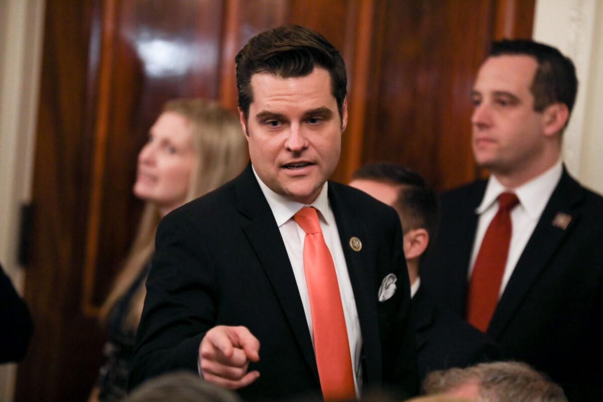Rep. Matt Gaetz (R-Fla.) in the East Room of the White House in Washington on Feb. 6, 2020. (Charlotte Cuthbertson/The Epoch Times)