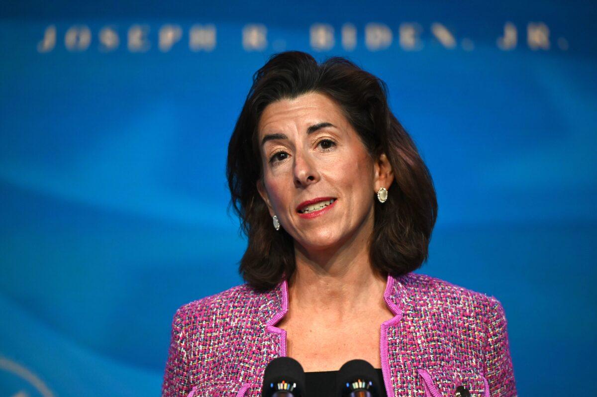 Rhode Island Governor Gina Raimondo, nominee for Secretary of Commerce, speaks at The Queen theater in Wilmington, Delaware, Jan. 8, 2021. (Jim Watson/AFP via Getty Images)
