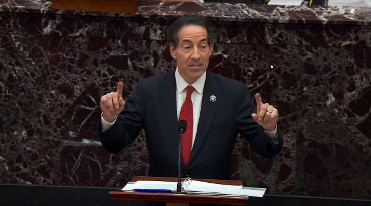 Rep. Jamie Raskin (D-Md.) speaks on the first day of former President Donald Trump's second impeachment trial in Washington on Feb. 9, 2021. (Congress.gov via Getty Images)