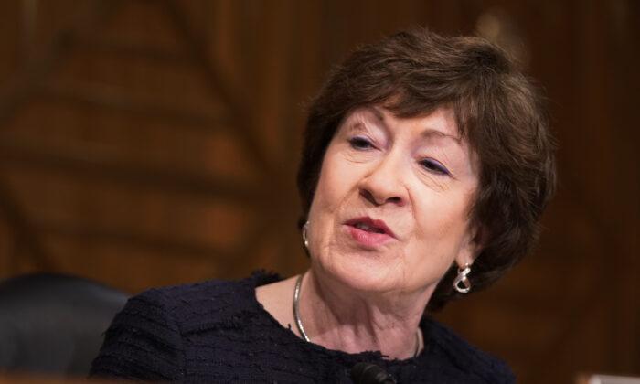 Sen. Susan Collins (R-Maine) speaks during a hearing on Capitol Hill on Feb. 23, 2021. (Leigh Vogel/Pool/AFP via Getty Images)