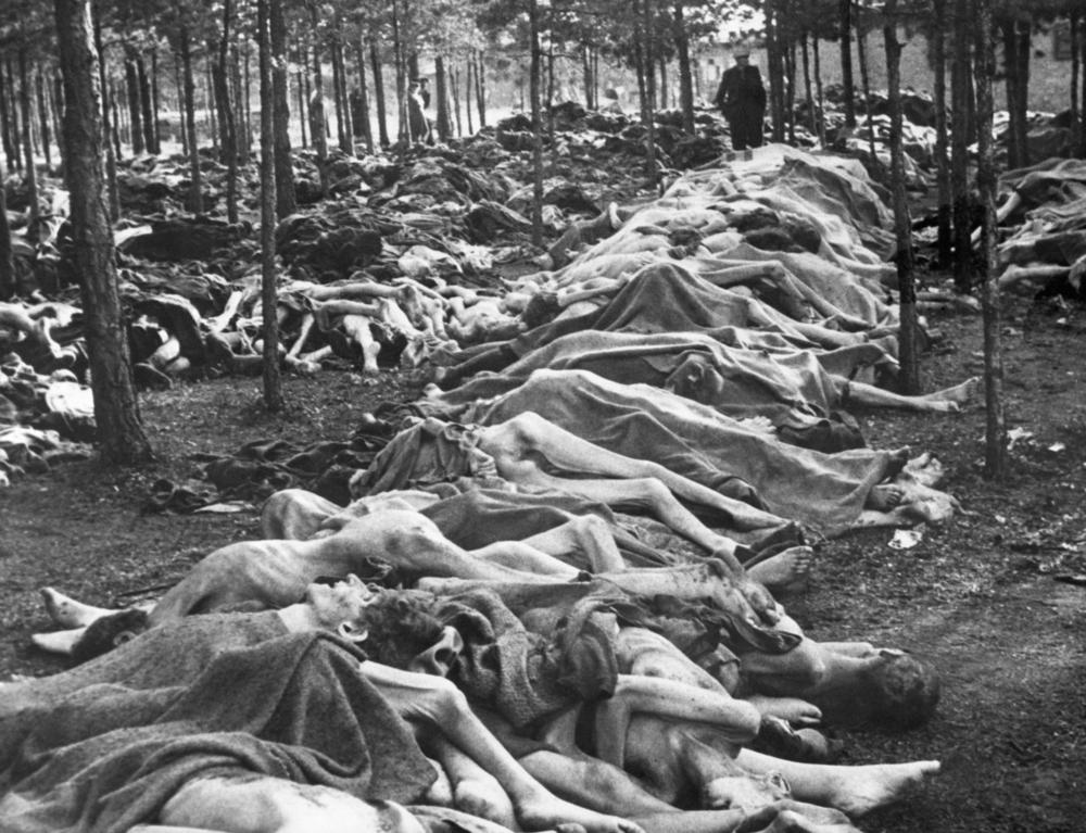 Rows of bodies at Nazi German Belsen Concentration Camp on April 15, 1945. They were among thousands of corpses that lay unburied on the camp grounds when the camp was liberated. (Everett Collection/Shutterstock)