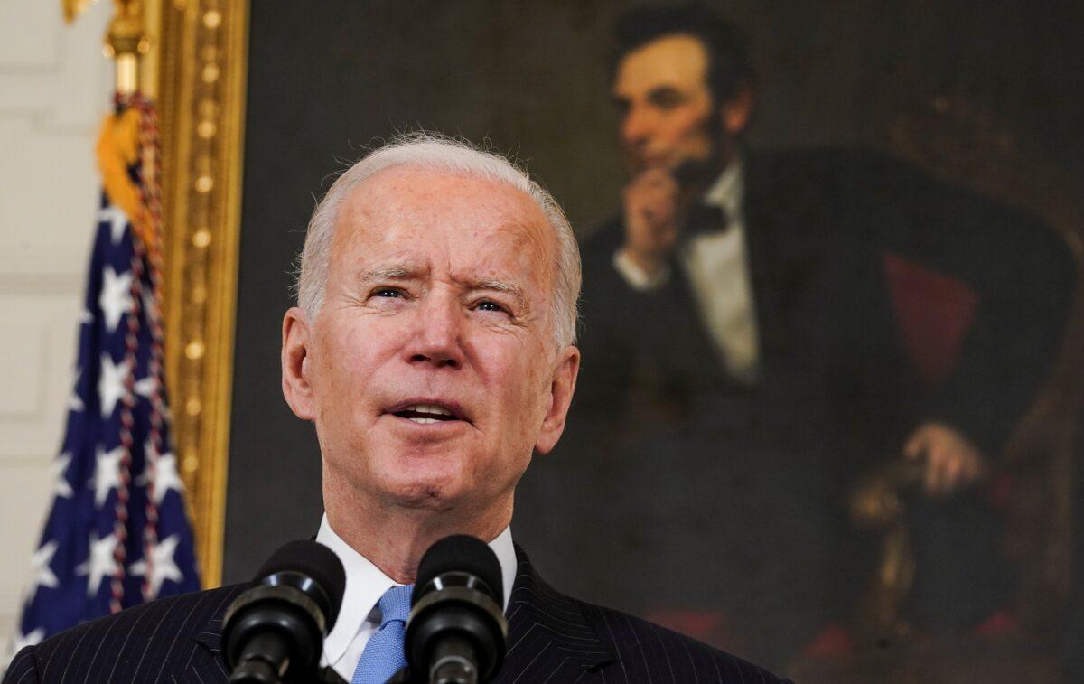 President Joe Biden speaks about his administration's COVID-19 response, in the State Dining Room at the White House in Washington on March 2, 2021. (Kevin Lamarque/Reuters)