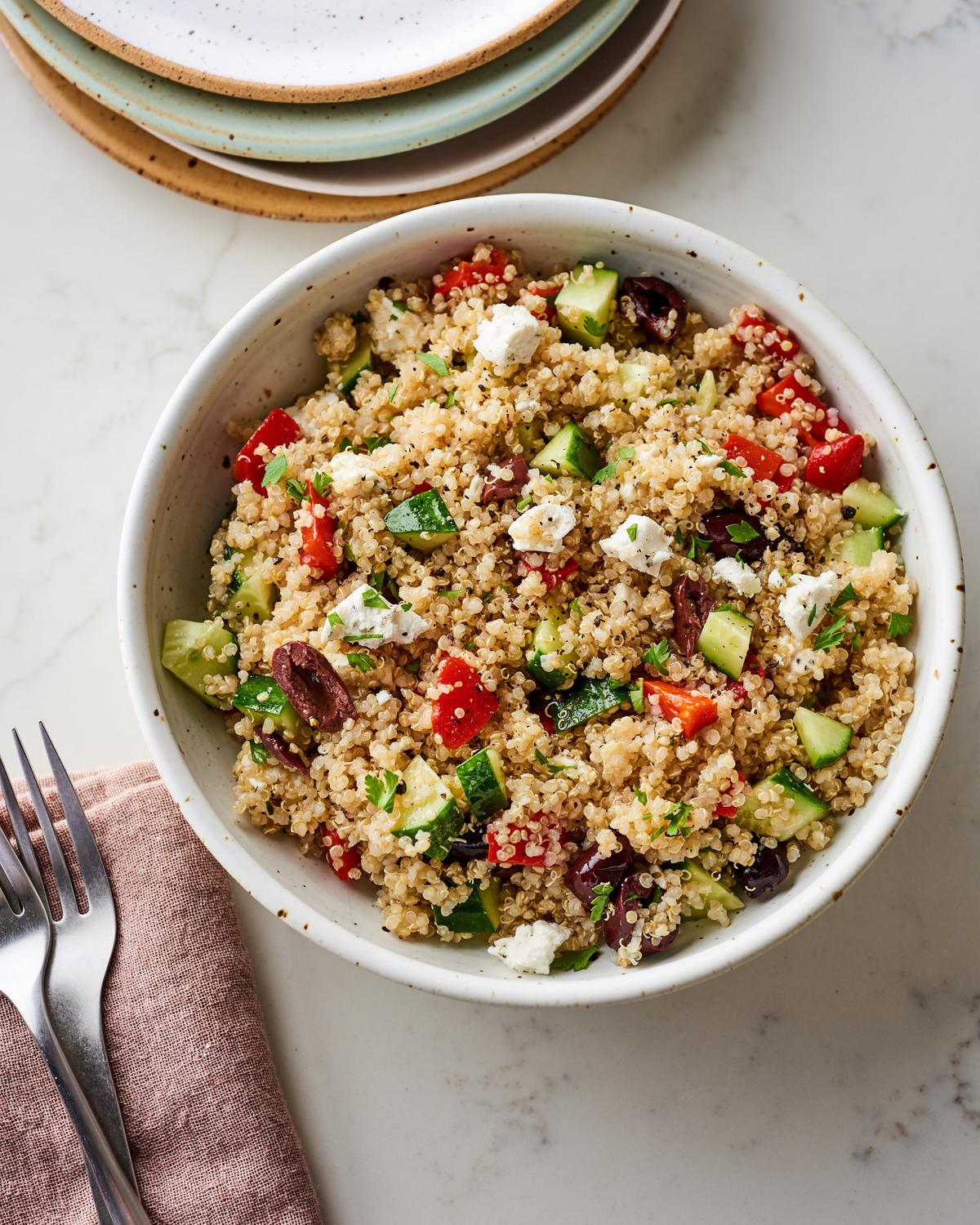 This colorful quinoa salad holds up well in the fridge, is perfectly packable, and has enough protein and other good things to keep you satisfied. (Joe Lingeman/TNS)