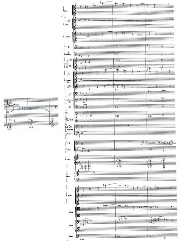 A film score demonstrating the musical idea (L) created by the composer and the fleshed out arrangement composed by the orchestrator. (Courtesy of Michael Kurek)