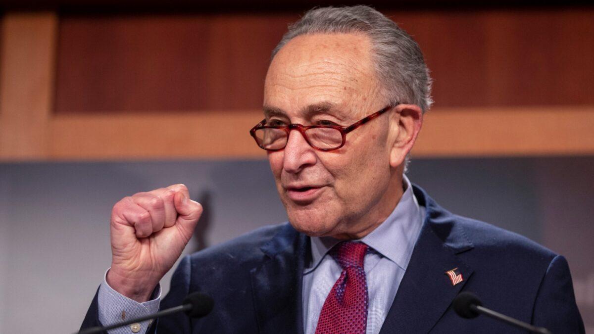 Senate Majority Leader Sen. Chuck Schumer (D-NY) speaks to the press at the U.S. Capitol, in Washington, on March 6, 2021. (Tasos Katopodis/Getty Images)