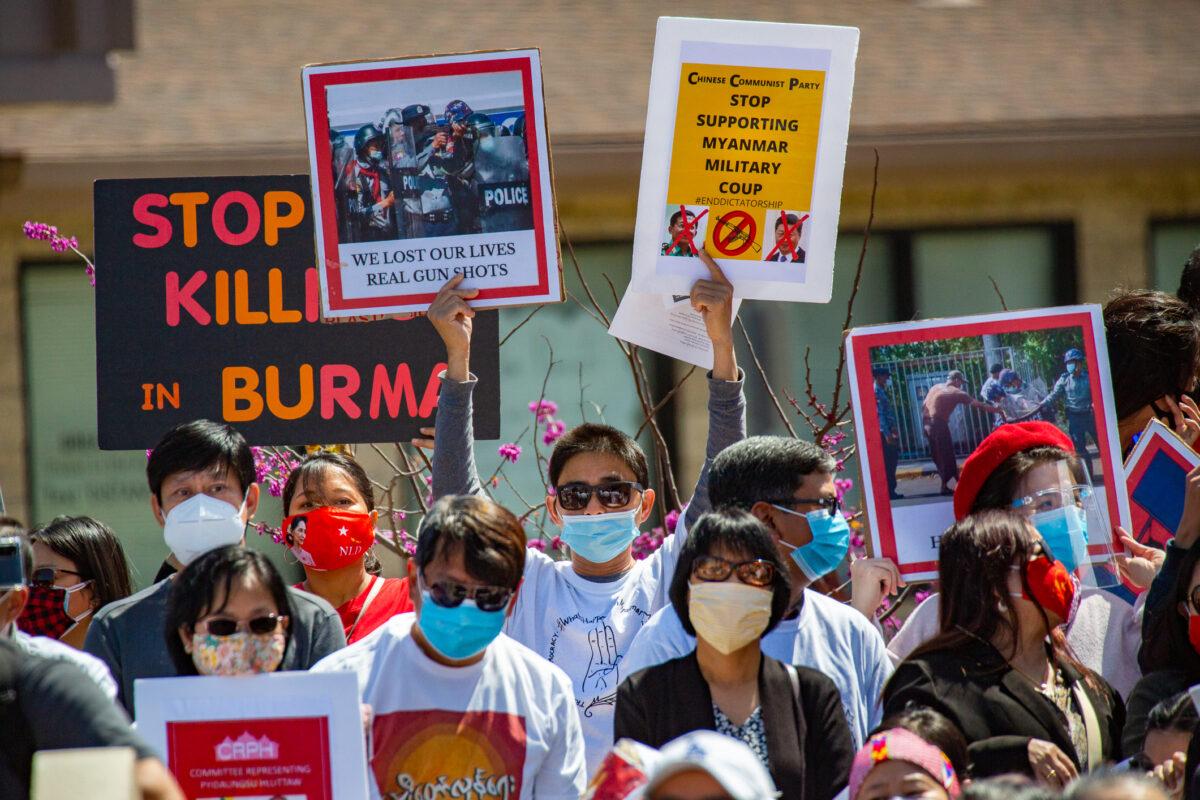 Protesters demonstrate against Burma’s military coup at a rally in Stanton, Calif., on March 20, 2021. (John Fredricks/The Epoch Times)