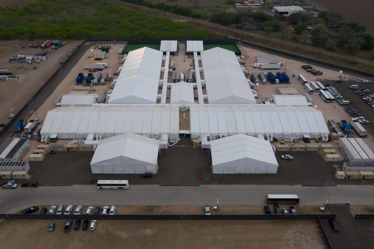 A U.S. Customs and Border Protection temporary processing center is seen in this aerial view from a drone in Donna, Texas on March 15, 2021. (Adrees Latif/Reuters)