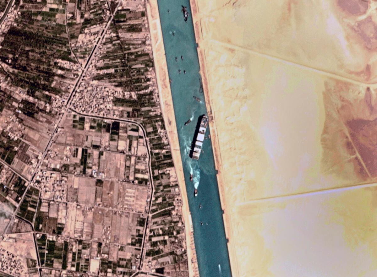 The Ever Given cargo ship stuck in Egypt's Suez Canal, on March 29, 2021. (Planet Labs Inc. via AP)