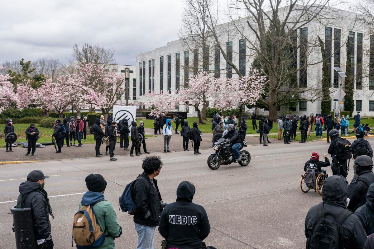 Antifa members gather in Salem, Ore., on March 28, 2021. (Nathan Howard/Getty Images)