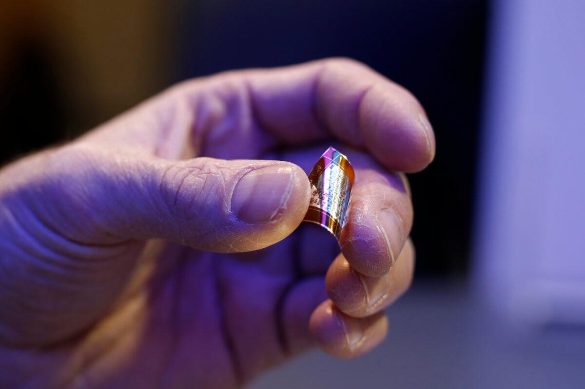 A graphene chip is displayed at the Mobile World Congress in Barcelona, Spain, on Feb. 27, 2018. (Pau Barrena/AFP via Getty Images)