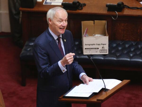Former Arkansas Gov. Asa Hutchinson, a 2024 GOP presidential candidate, who did not sign off on the state Legislature's post-2020 Census state legislative and congressional maps, speaks in the Senate Chamber of the state Capitol in Little Rock, Arkansas, in April 2020. (Tommy Metthe/Arkansas Democrat-Gazette via AP)