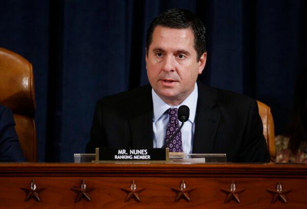 Then-Rep. Devin Nunes (R-Calif.), a ranking member of the House Intelligence Committee at the time, speaks during the committee's hearing on Capitol Hill on Nov. 21, 2019. (Andrew Harrer/Pool/AFP via Getty Images)