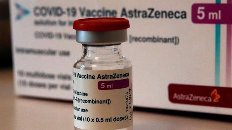 In this file photo, a vial of the AstraZeneca vaccine is pictured in a pharmacy in Boulogne Billancourt, outside Paris on March 15, 2021. (The Canadian Press/ Christophe Ena/File/AP)