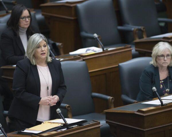 NDP leader Andrea Horwath speaks at the legislature at Queen's Park on May 12, 2020. (Nathan Denette/The Canadian Press)