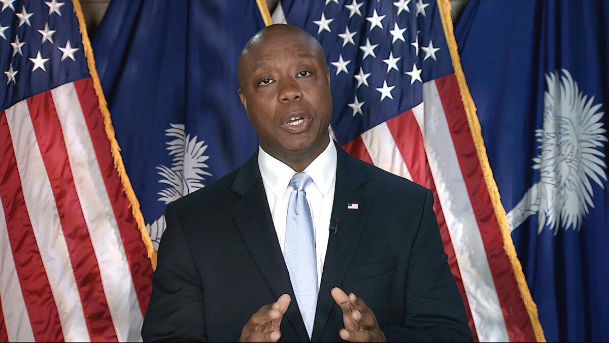 In this image from Senate Television video, Sen. Tim Scott (R-S.C.) delivers the Republican response to President Joe Biden’s speech to a joint session of Congress in Washington, on April 28, 2021. (Senate Television via AP)
