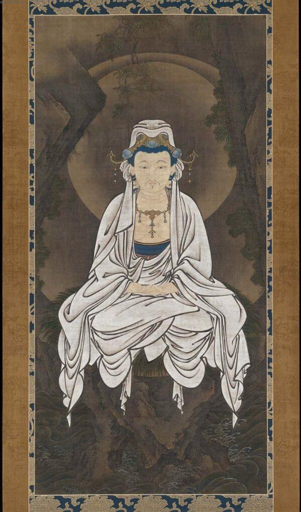 “Byaku-e Kannon, White-robed Bodhisattva of Compassion,” 16th century by Kano Motonobu. Hanging Scroll, ink, color and gold on silk. 61 ⅞ inches by 30 1/16 inches. Museum of Fine Arts Boston, Boston. (Public Domain)