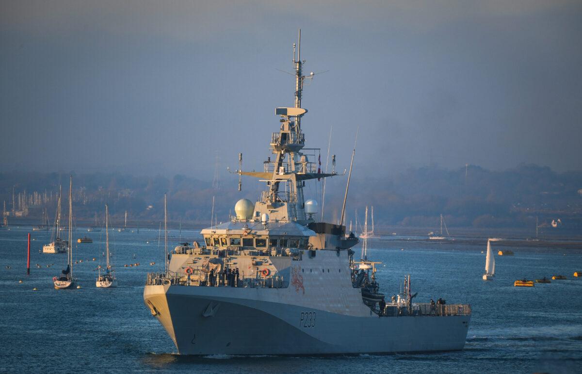 HMS Tamar leaves Portsmouth, England, on Dec. 31, 2020. (Finnbarr Webster/Getty Images)