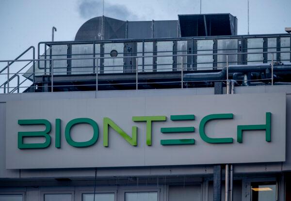 The logo of the BioNTech is seen at the building where production of the COVID-19 vaccine has started, in Marburg, Germany, on Feb. 13, 2021. (Michael Probst/AP Photo)