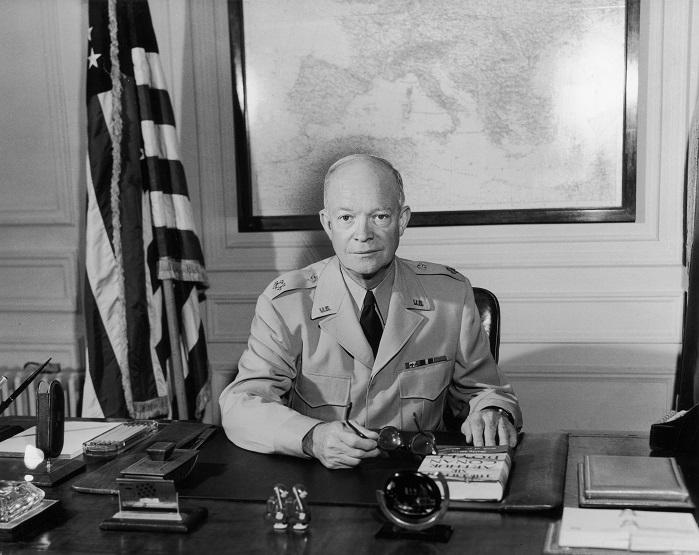U.S. Gen. Dwight D. Eisenhower, Supreme Allied Commander, sits at his desk in the Marly headquarters, near Paris. (Hulton Archive/Getty Images)