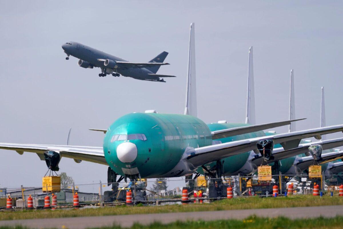 A U.S. Air Force KC-46A Pegasus jet takes off at Paine Field, near Boeing's production facility in Everett, Wash., on April 23, 2021. (Elaine Thompson/AP Photo)