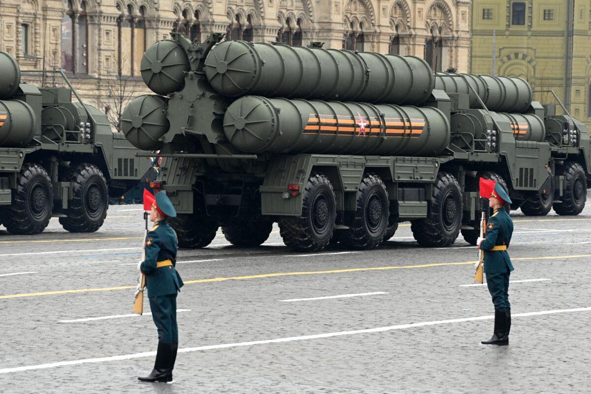 Russian S-400 anti-aircraft missile systems move through Red Square during the Victory Day military parade in Moscow on May 9, 2021. (Kirill Kudryavtsev/AFP via Getty Images)