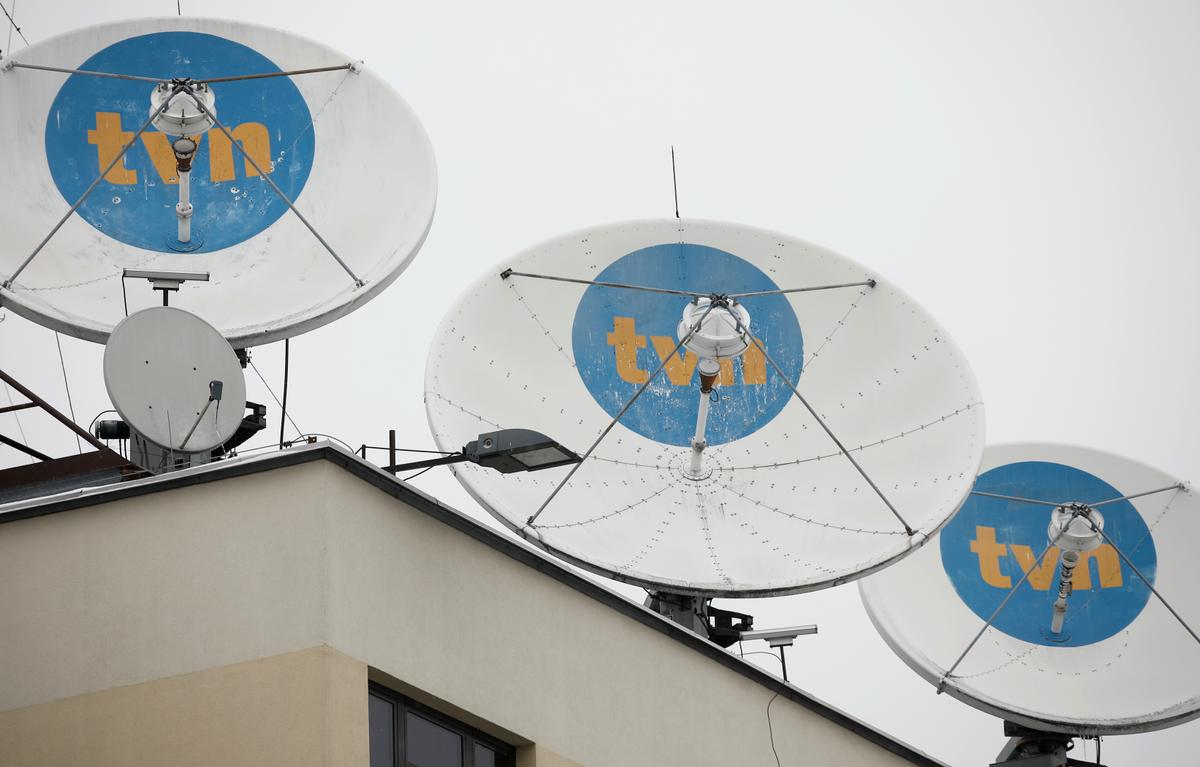 Private television TVN logo is seen on satellite antennas at their headquarters in Warsaw, Poland, on Feb. 10, 2021. (Kacper Pempel/Reuters)
