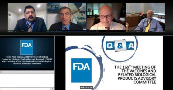 In this image from video, Food and Drug Administration officials discuss with the agency's vaccine advisory committee matters relating to an emergency use authorization expansion application from Moderna for its COVID-19 vaccine, in a virtual meeting on Oct. 14, 2021. (The Epoch Times via FDA)