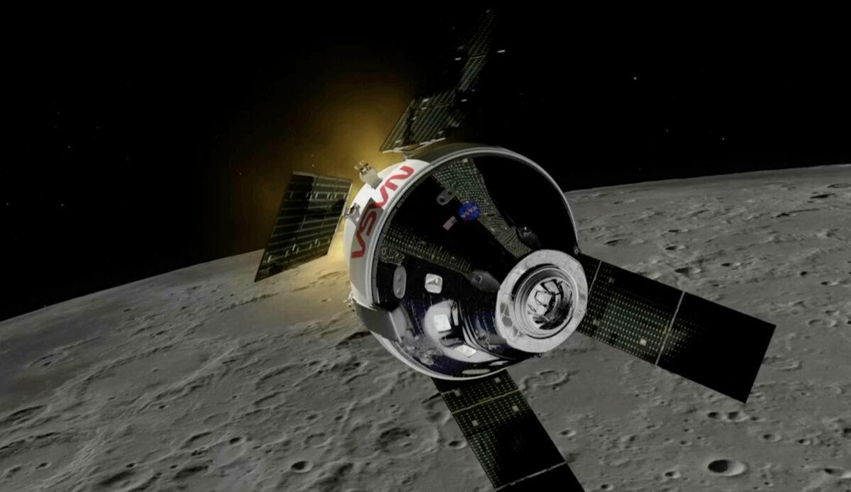 A still from an animation of the Artemis 1 mission, of a spacecraft leaving Earth and traveling to the Moon. (European Space Agency via AP/Screenshot via The Epoch Times)