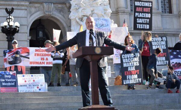 Pennsylvania state Sen. Doug Mastriano, a Republican, speaks at a health freedom rally on the capitol steps in Harrisburg, Pa. on Nov. 9, 2021. (Beth Brelje/The Epoch Times)