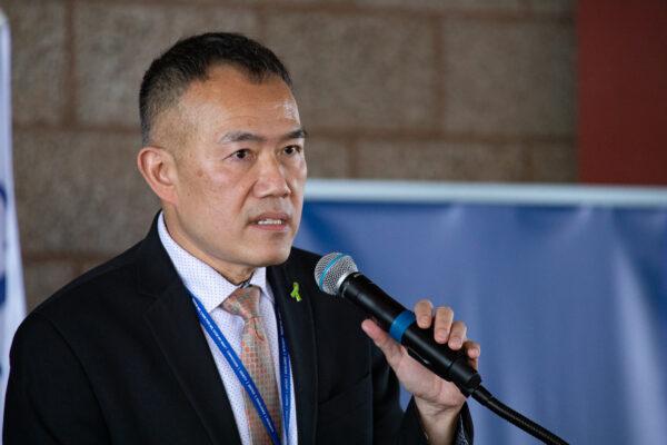Orange County Health Care Agency Director Dr. Clayton Chau speaks during a press conference at the OC Fair & Event Center in Costa Mesa, Calif., on March 31, 2021. (John Fredricks/The Epoch Times)