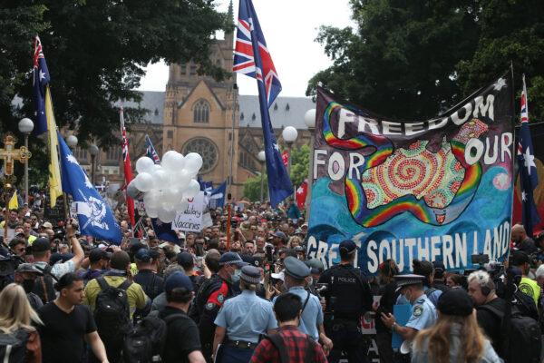 Protesters gather at Hyde Park during the 'World Wide Rally For Freedom' in Sydney, Australia, on Nov. 20, 2021. (Lisa Maree Williams/Getty Images)