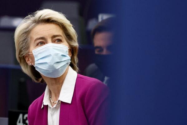 European Commission President Ursula von der Leyen attends a debate at the October leaders' summit at the European Parliament in Strasbourg, France, on Nov. 23, 2021. (Christian Hartmann/Pool/Reuters)