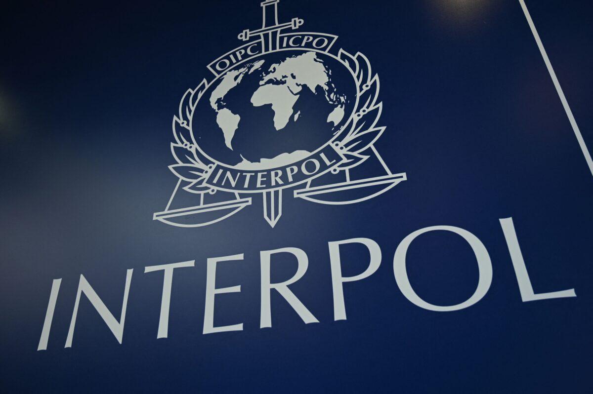 The Interpol logo during the 89th Interpol General Assembly in Istanbul on Nov. 23, 2021. (Ozan Kose/AFP via Getty Images)