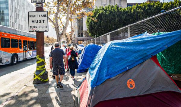 A homeless encampment in downtown Los Angeles, Calif., on Nov. 8, 2021. (John Fredricks/The Epoch Times)
