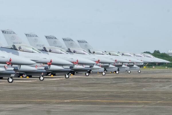 Newly commissioned and upgraded F-16V fighter jets at an air force base in Chiayi in southwestern Taiwan on Nov. 18, 2021. (Johnson Lai/AP Photo)