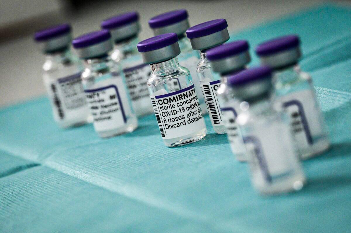 Vials of Pfizer and BioNTech's COVID-19 vaccine are seen in France on Nov. 27, 2021. (Jeff Pachoud/AFP via Getty Images)