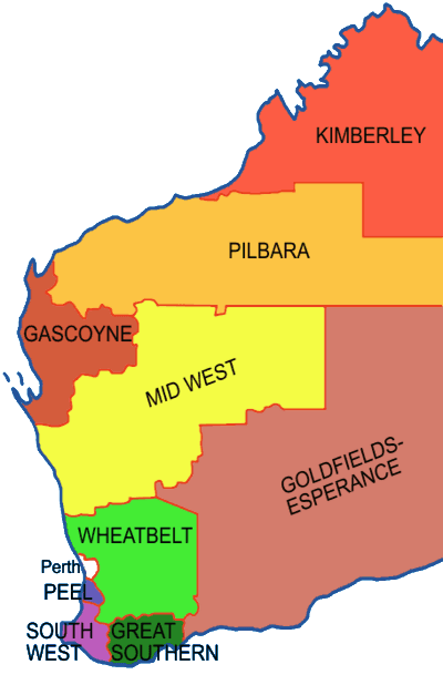 Nine regions of Western Australia plus Perth. (Roke/Wikimedia Commons)
