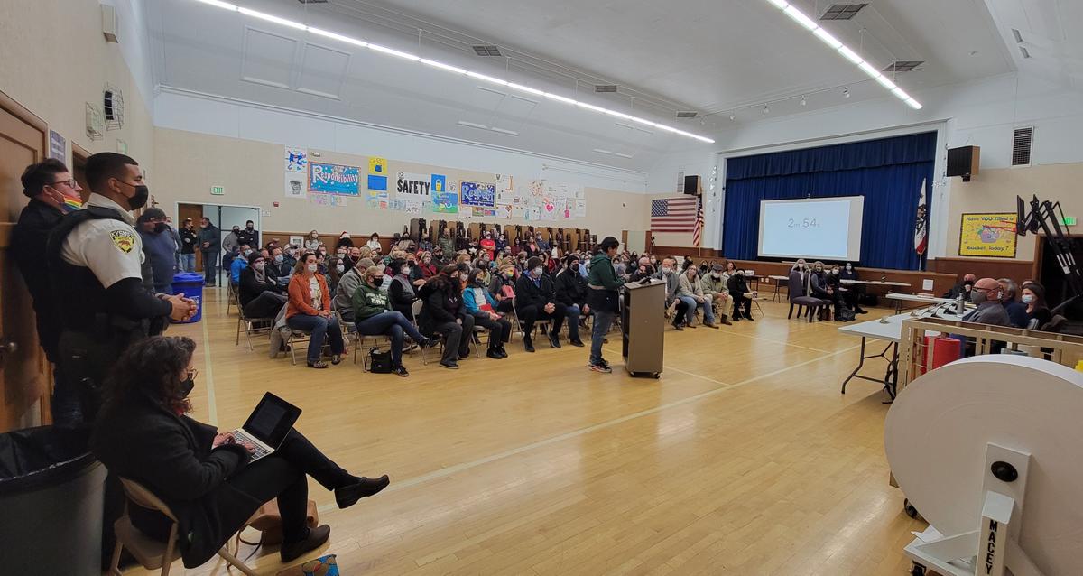 A crowd of more than 150 people packed a school board meeting in Salinas, Calif., on Dec. 15, 2021. (Courtesy of Josey Schenkoske)