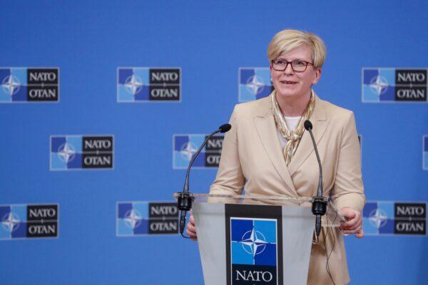 Lithuanian Prime Minister Ingrida Simonyte speaks during a joint press conference with NATO Secretary-General at NATO headquarters in Brussels, on June 3, 2021. (Stephanie Lecocq/EPA/AFP via Getty Images)