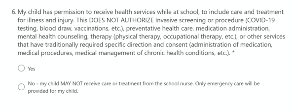Revised Part 6 from St Johns County School District SJCSD Request for Parental Consent for Student Health Services form. (St Johns County School District website)