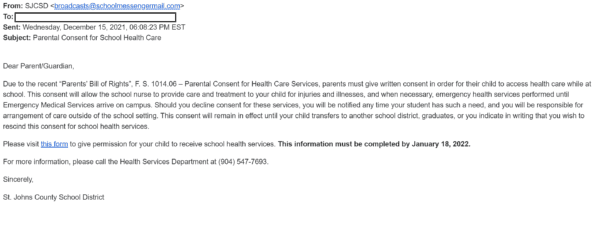 Screenshot of St. Johns County School District Dec. 15, 2021 email sent to parents and guardians informing them they must provide consent if they want their child to receive "care and treatment" to their child "for injuries and illnesses." (Courtesy of Elizabeth Wittstadt, Mothers for Liberty)