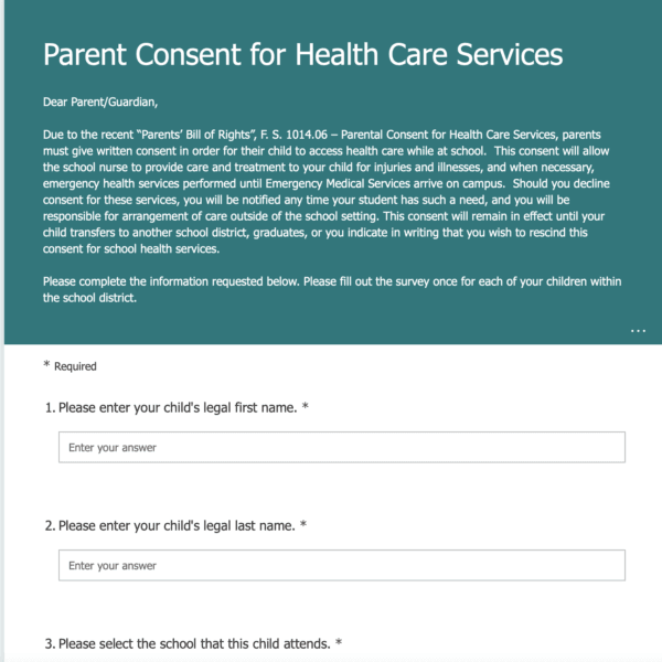 Screenshot of original introduction for new health care services consent form on St. Johns County School District website on Dec. 17, 2021. (Courtesy of Elizabeth Wittstadt)