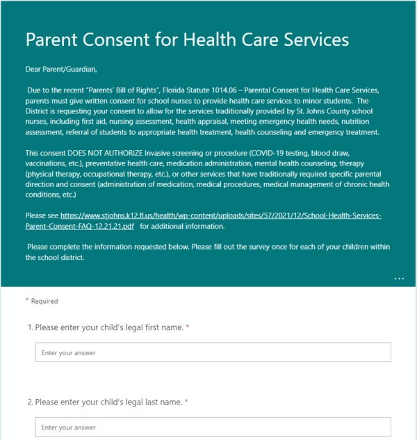 Screenshot of revised introduction for the consent form for health care services in school on Dec. 30. (St Johns County School District website)