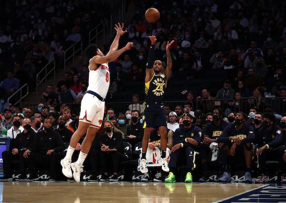 Keifer Sykes #28 of the Indiana Pacers shoots against Quentin Grimes #6 of the New York Knicks during their game at Madison Square Garden, in New York City, on Jan. 4, 2022. (Al Bello/Getty Images)