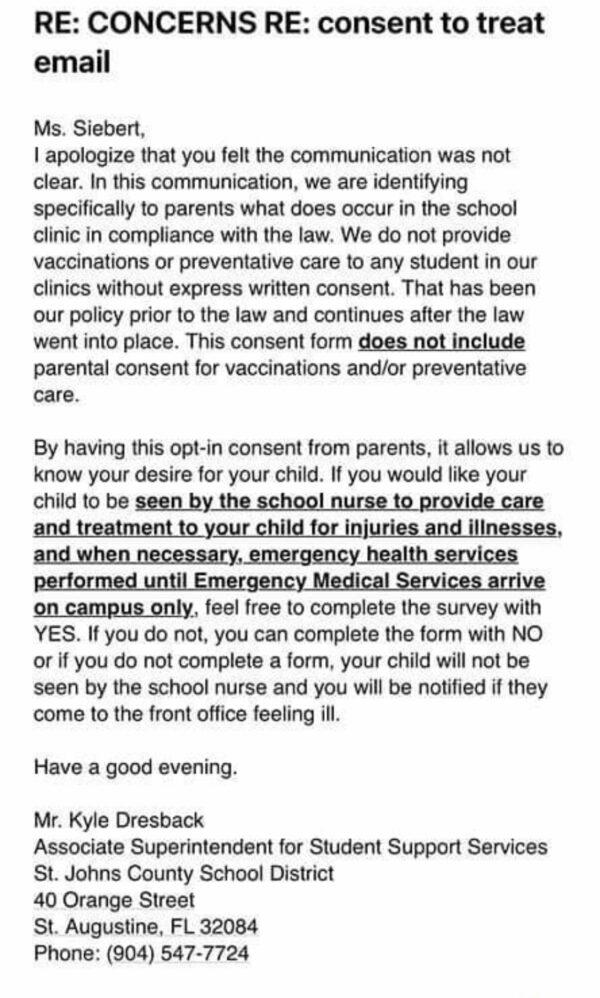 Screenshot of response by Kyle Dresback to a parent's concern over threat to not provide emergency care for a child a school unless they said "yes" on the consent form. (Courtesy of Elizabeth Wittstadt)